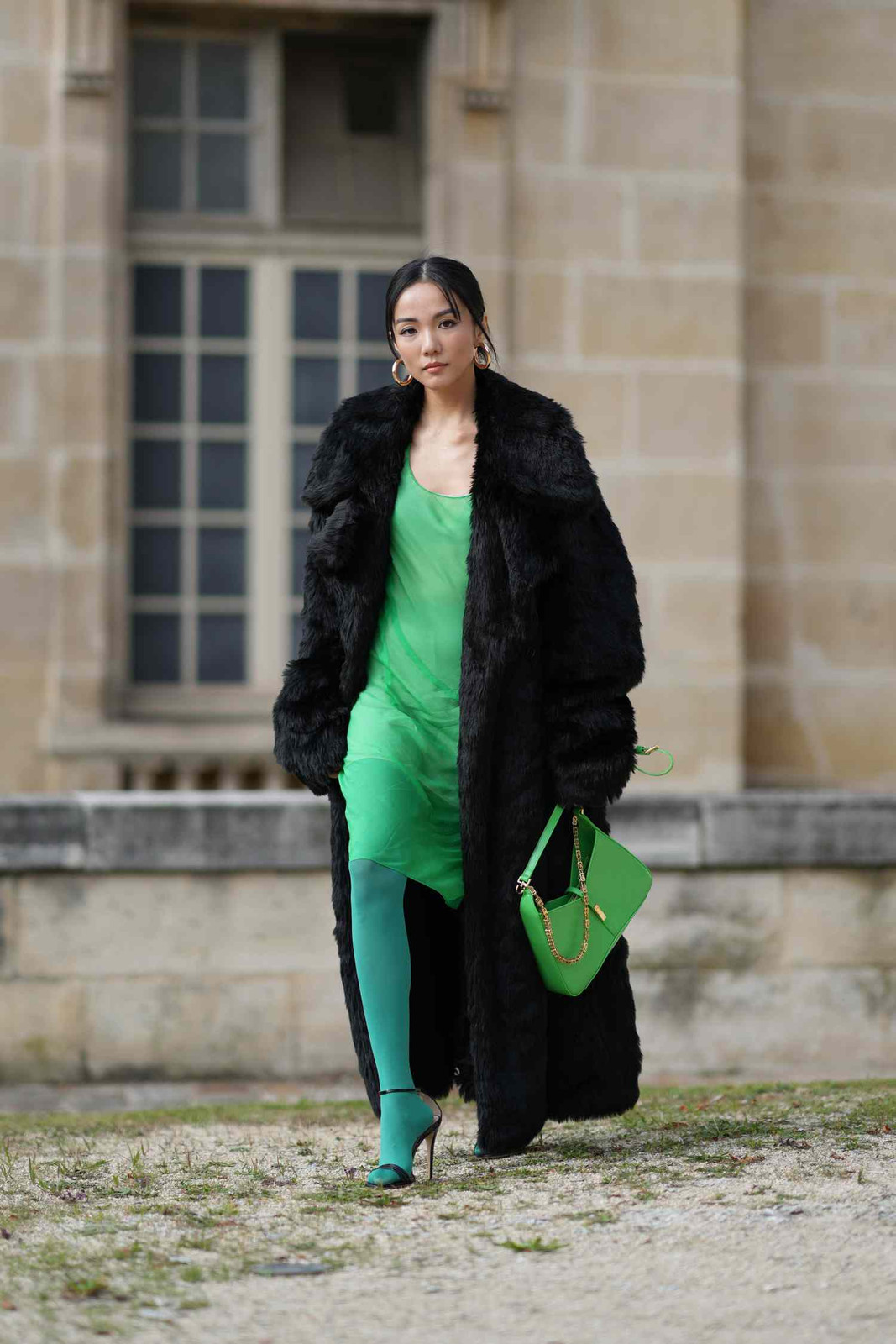 Bold Contrast: Teal Stilettos with a Green Slip Dress — Stiletto Heels Outfits