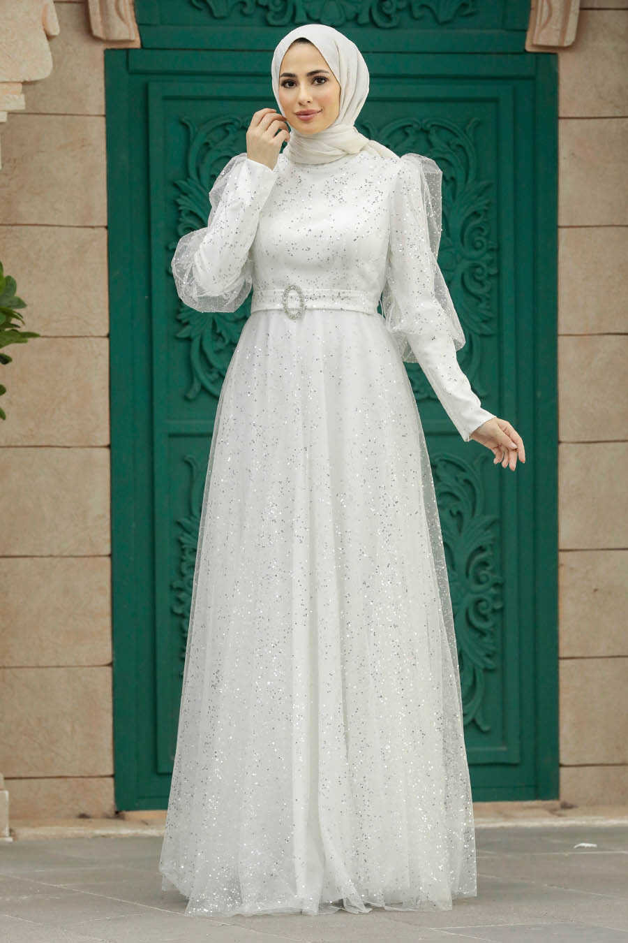Glitter-Infused Tulle Gown with Puff Sleeves and Belt Glitter-Infused Tulle Gown with Puff Sleeves and Belt — Hijab Wedding Guest Outfits