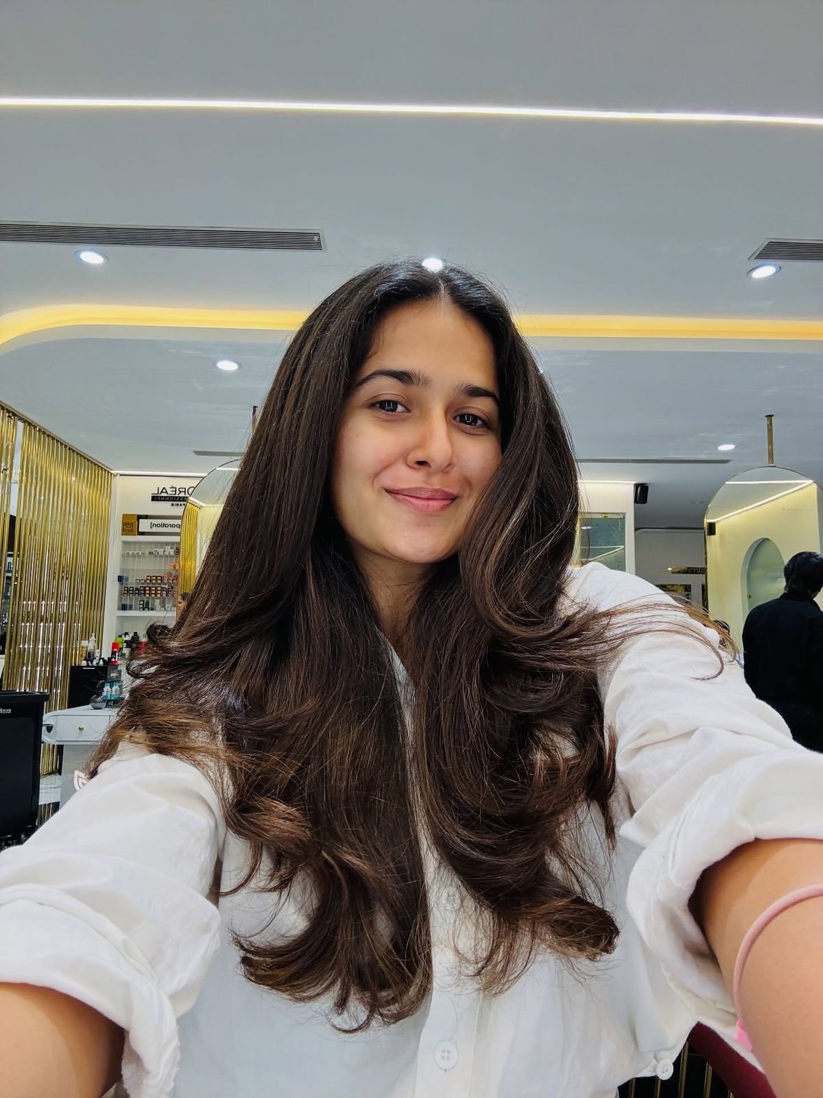 Dark Brown Mid-Back Blowout With Full Bangs — Hairstyles for Big Forehead