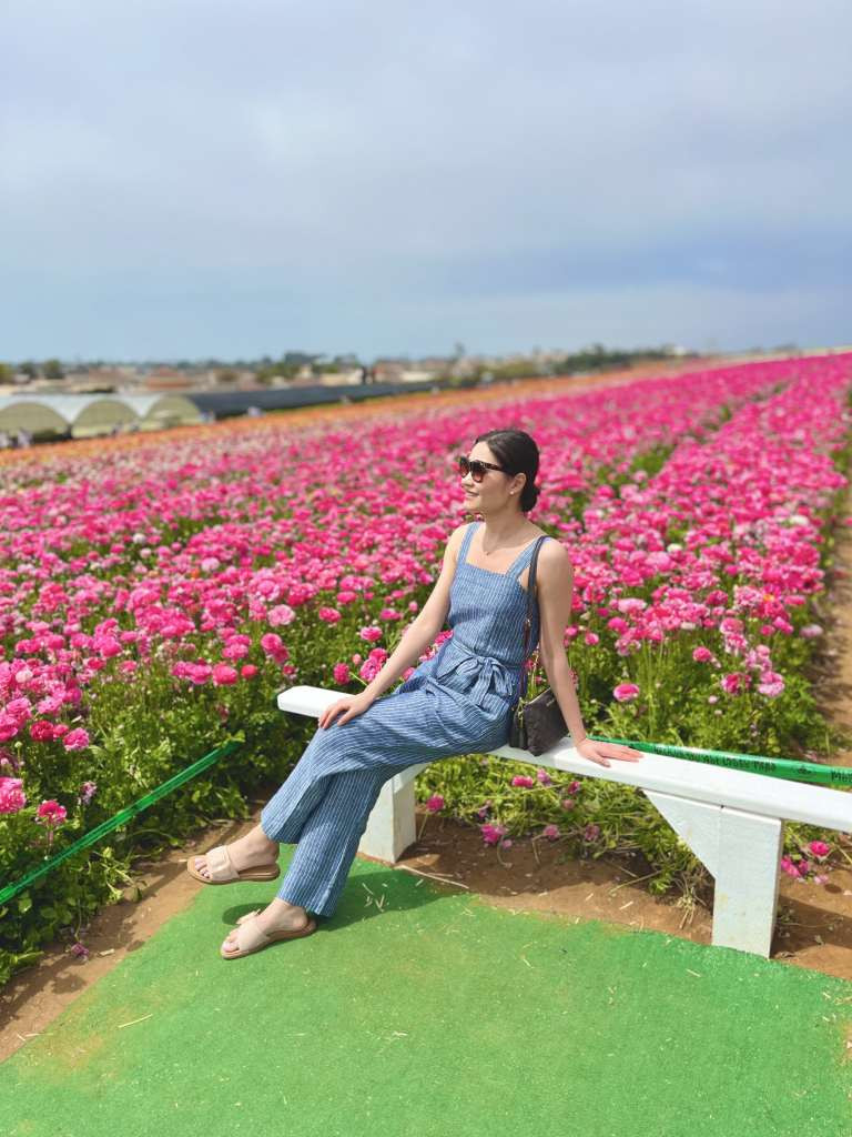 Blue Striped Linen Jumpsuit in Flower Field — San Diego Outfits