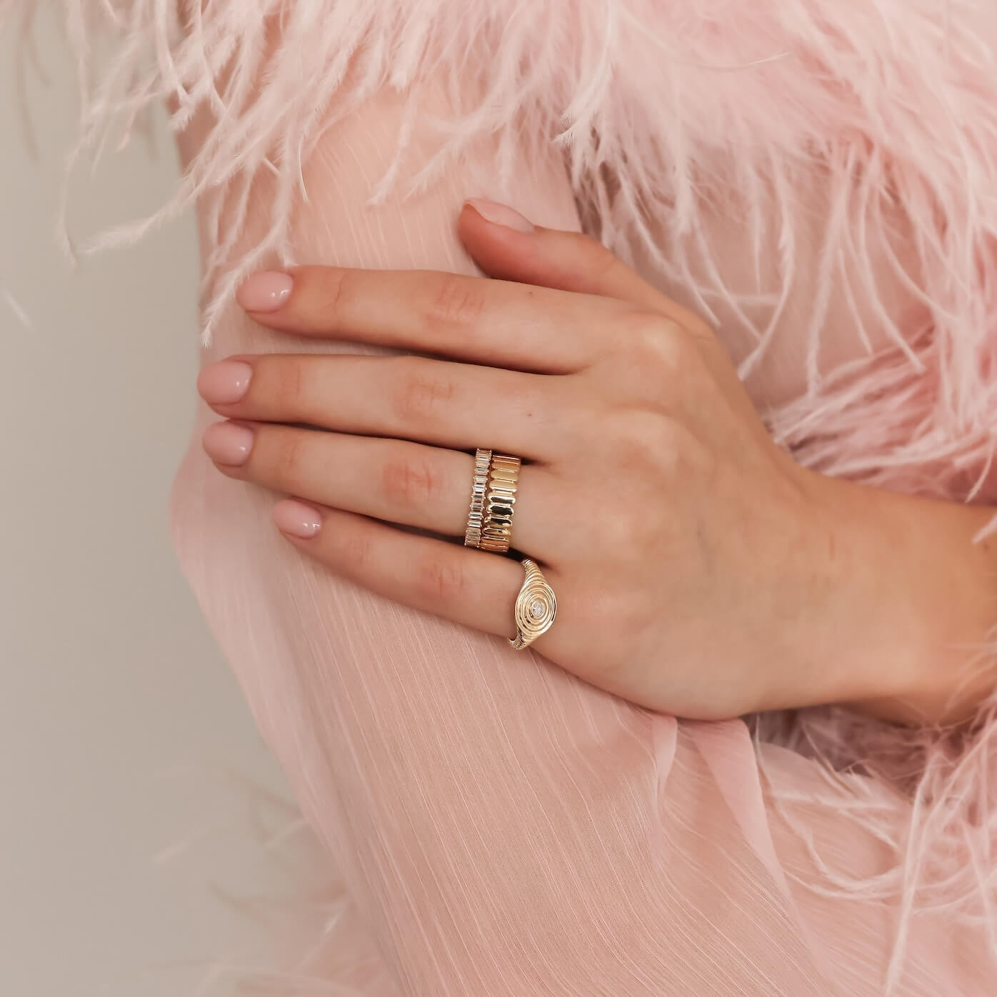Stacked Gold Rings Featuring a Spiral Design Accent Stacked Gold Rings Featuring a Spiral Design Accent — Signet Rings