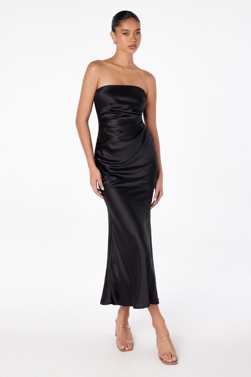 Black Satin Strapless Mermaid Dress with Ruched Detailing — Semi Formal Dresses