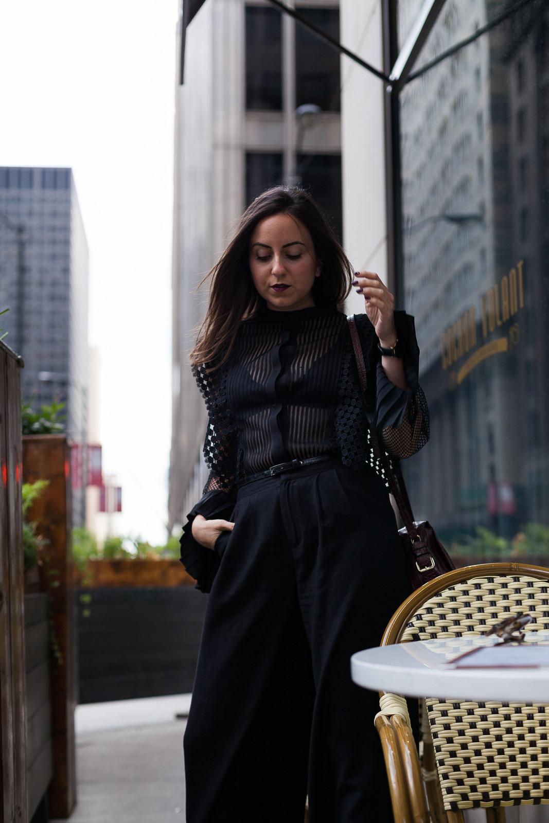 Lace Sheer Blouse with High-Waisted Wide-Leg Trousers — Sheer Top Outfits