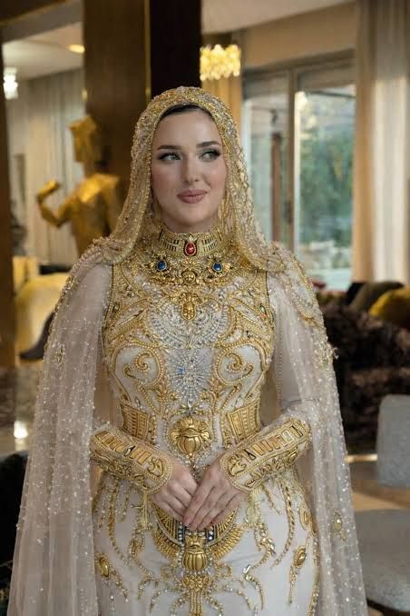 Ornate Gold and White Gown with Embellished Veil Ornate Gold and White Gown with Embellished Veil — Egypt Outfits