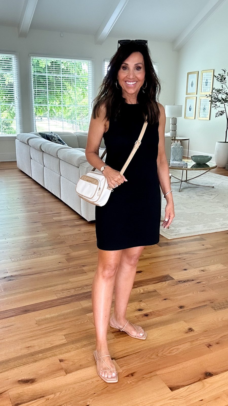 Sleeveless Black Mini Dress with Nude Flats and Crossbody — Dressy Casual Outfits