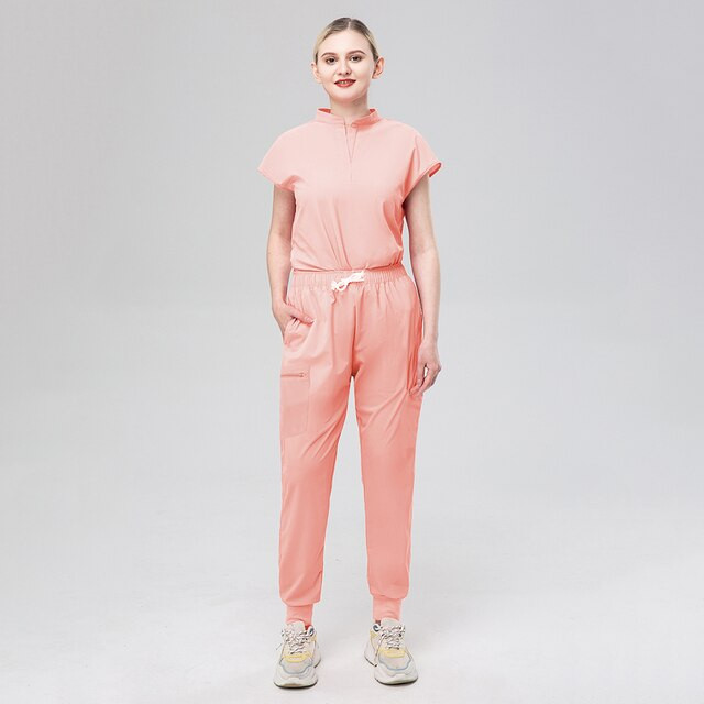 Peach Jogger Scrubs with Mandarin Collar Top Peach Jogger Scrubs with Mandarin Collar Top — Doctor Outfits Women