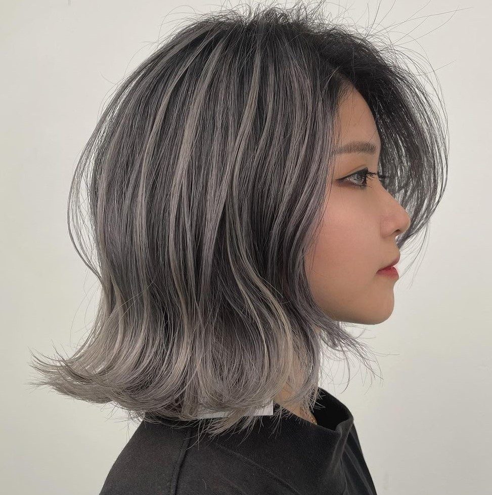 Gradient Gray Bob With Curtain Bangs — Gray Hair with Bangs