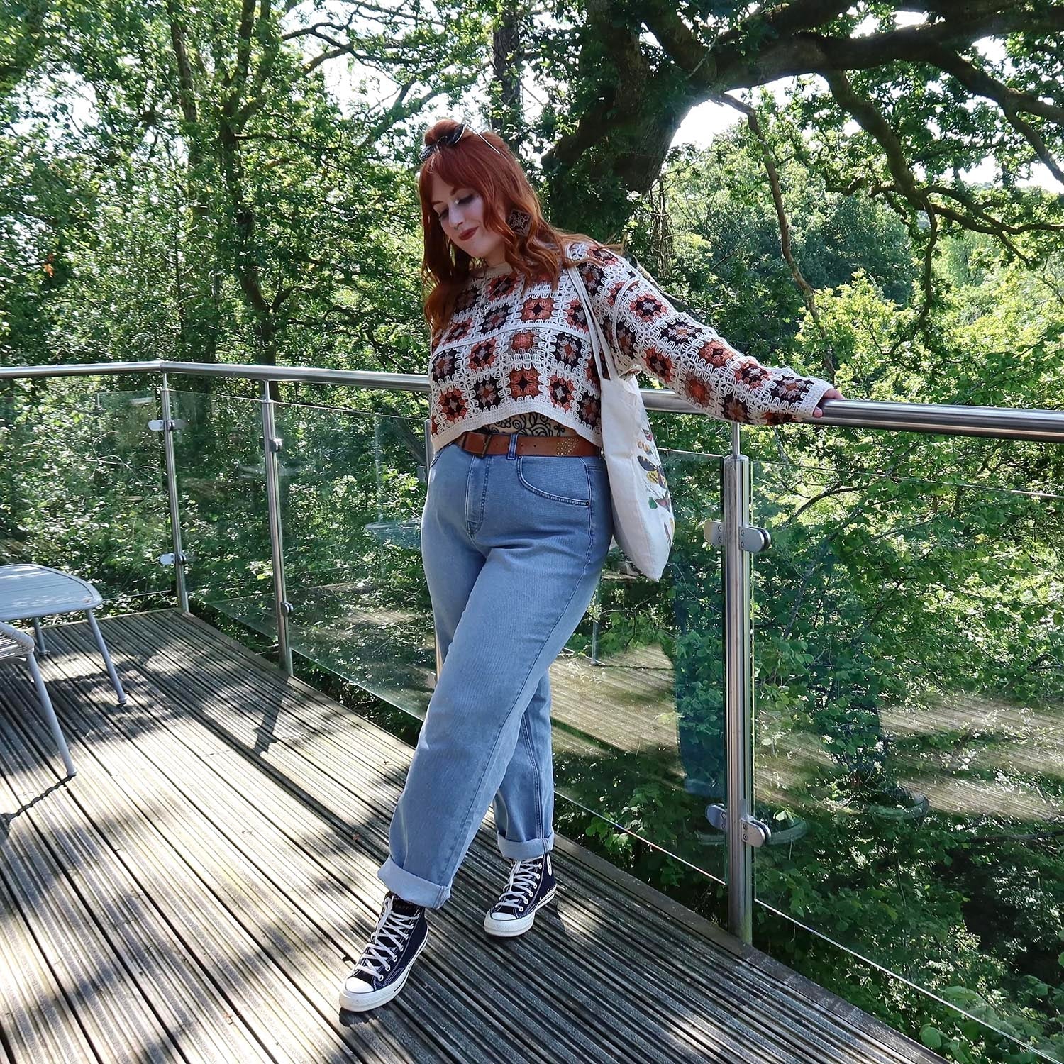 Relaxed Mom Jeans with a Crochet Sweater and High-Tops Relaxed Mom Jeans with a Crochet Sweater and High-Tops