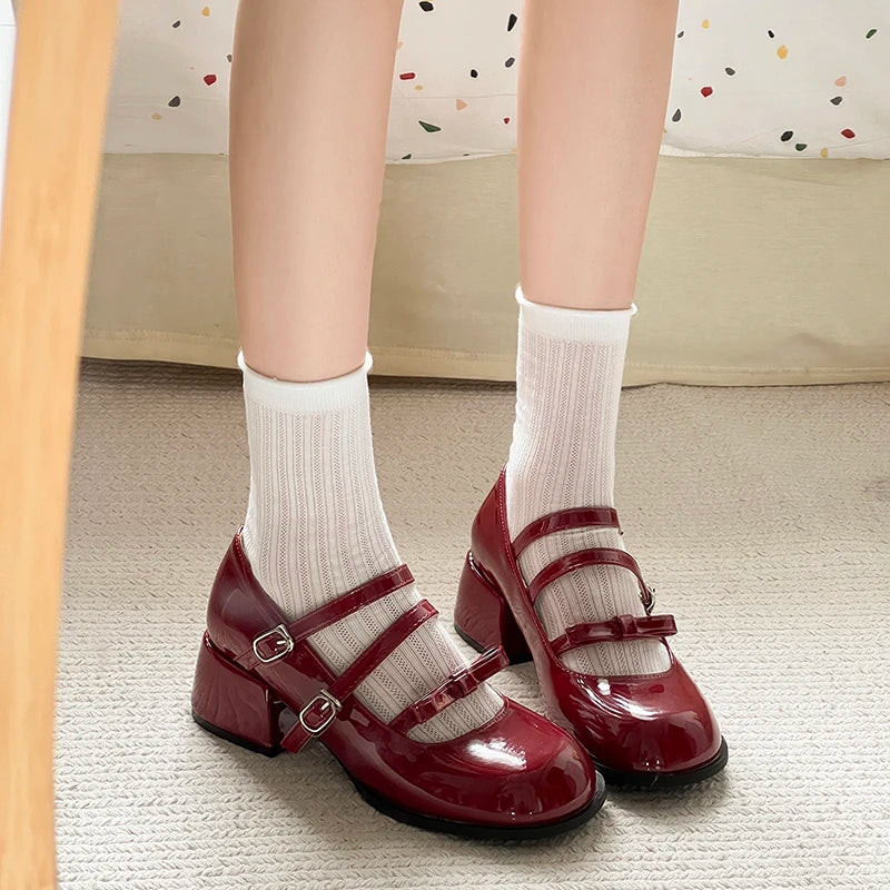 Burgundy Patent Triple-Strap Mary Janes with Ribbed Socks — Chunky Mary Janes Outfits