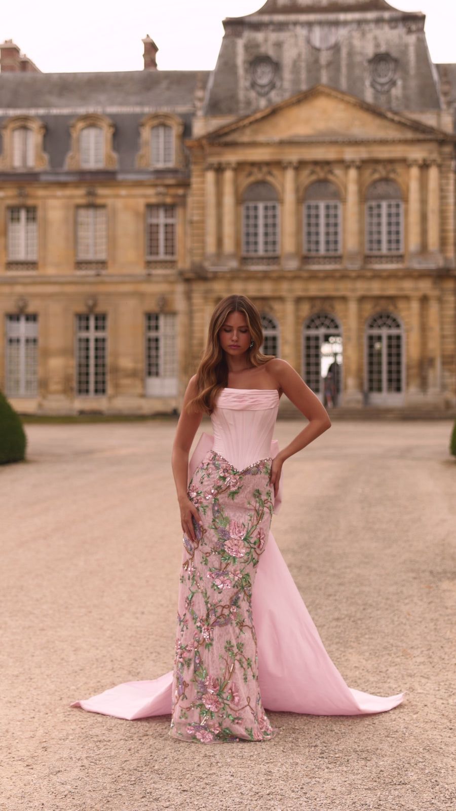 Pink Corset Gown with 3D Floral Appliqué Skirt and Train Pink Corset Gown with 3D Floral Appliqué Skirt and Train — Pageant Dresses