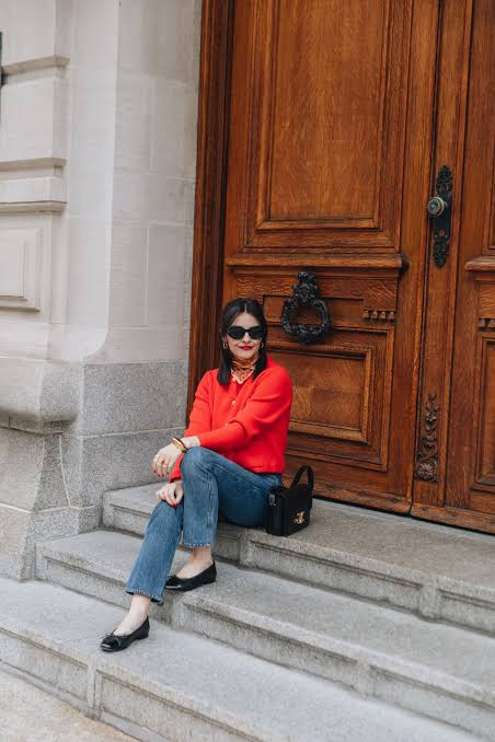 Red Cardigan and Black Ballet Flats with Straight-Leg Jeans — Ballet Flats with Jeans Outfits