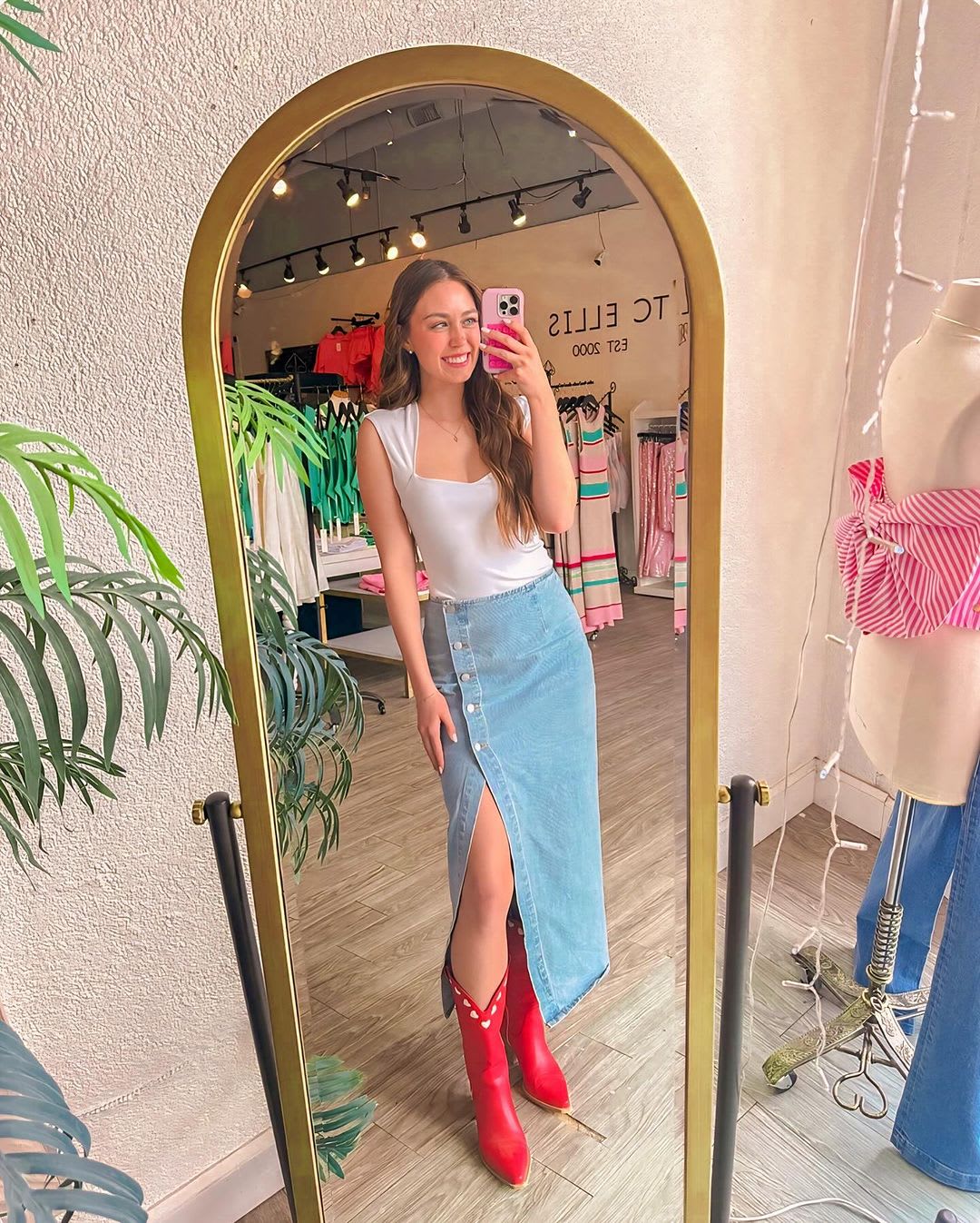 Red Cowboy Boots with Denim Maxi Skirt and White Top — Cowboy Boots Outfits
