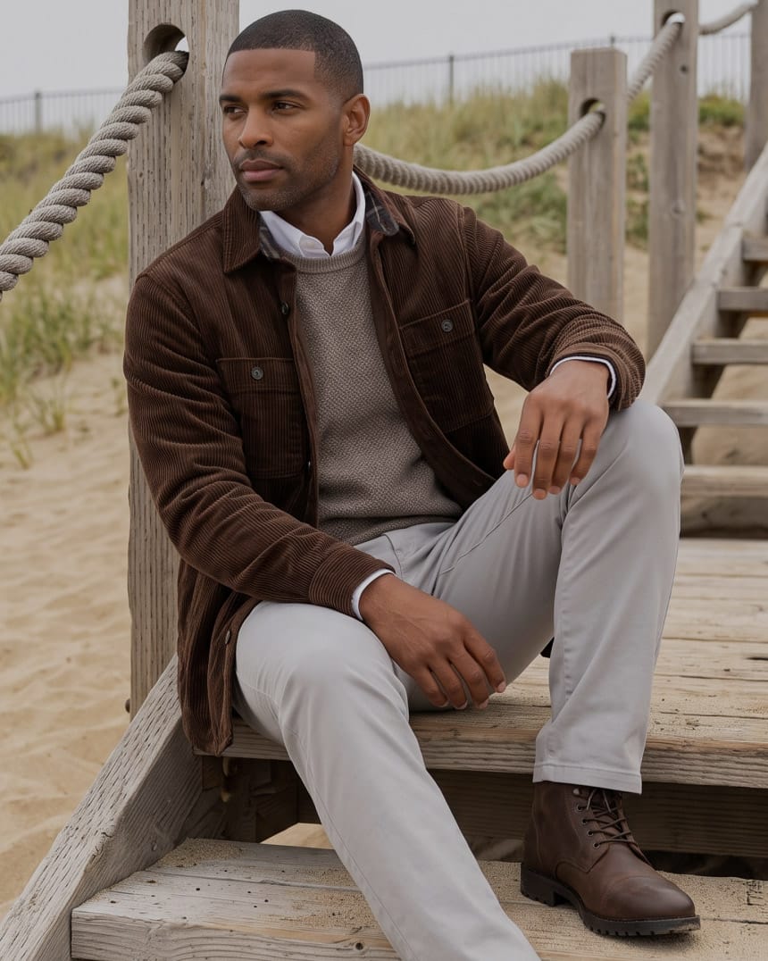 Brown Corduroy Shirt Jacket with Grey Knit Sweater Brown Corduroy Shirt Jacket with Grey Knit Sweater — Outfits for Men Over 50
