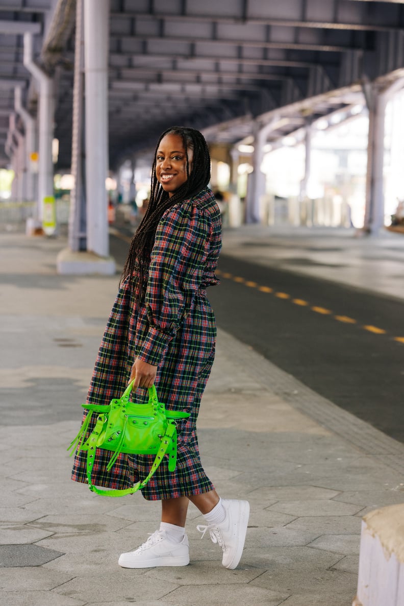 Daytime Casual: White Air Force 1s with a Plaid Midi Dress and Neon Handbag — Air Force 1 Outfits