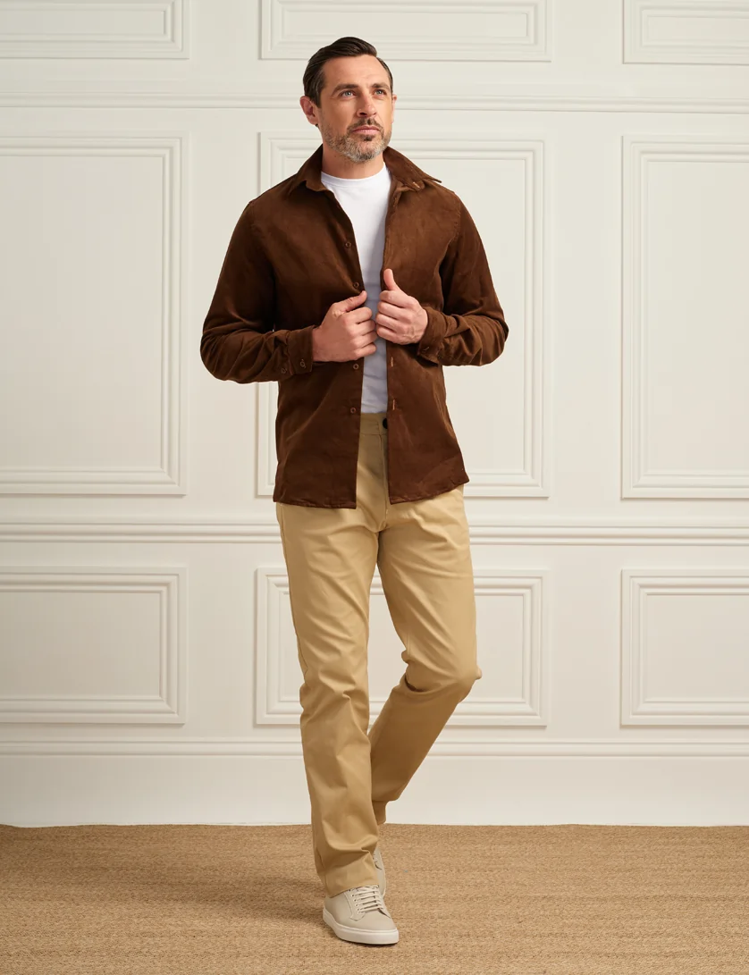 Suede Shirt Jacket over T-Shirt and Chinos Suede Shirt Jacket over T-Shirt and Chinos — Mens Business Casual Outfits