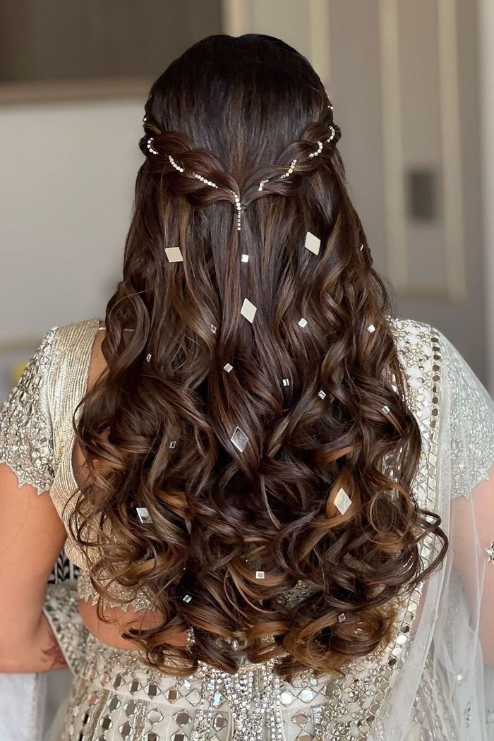 Mid-Back Sparkling Embellishments Braided Half-Up — Engagement Photo Hairstyles
