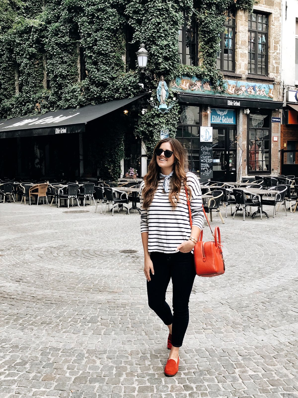 Striped Top with Bright Orange Bag and Red Loafers Striped Top with Bright Orange Bag and Red Loafers — J Crew Outfits