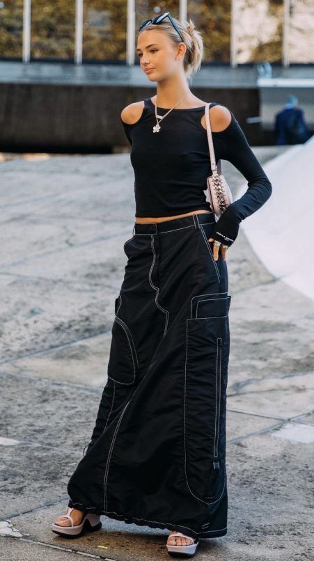 Black Cargo Maxi Skirt with Off-the-Shoulder Top — Cargo Skirt Outfits