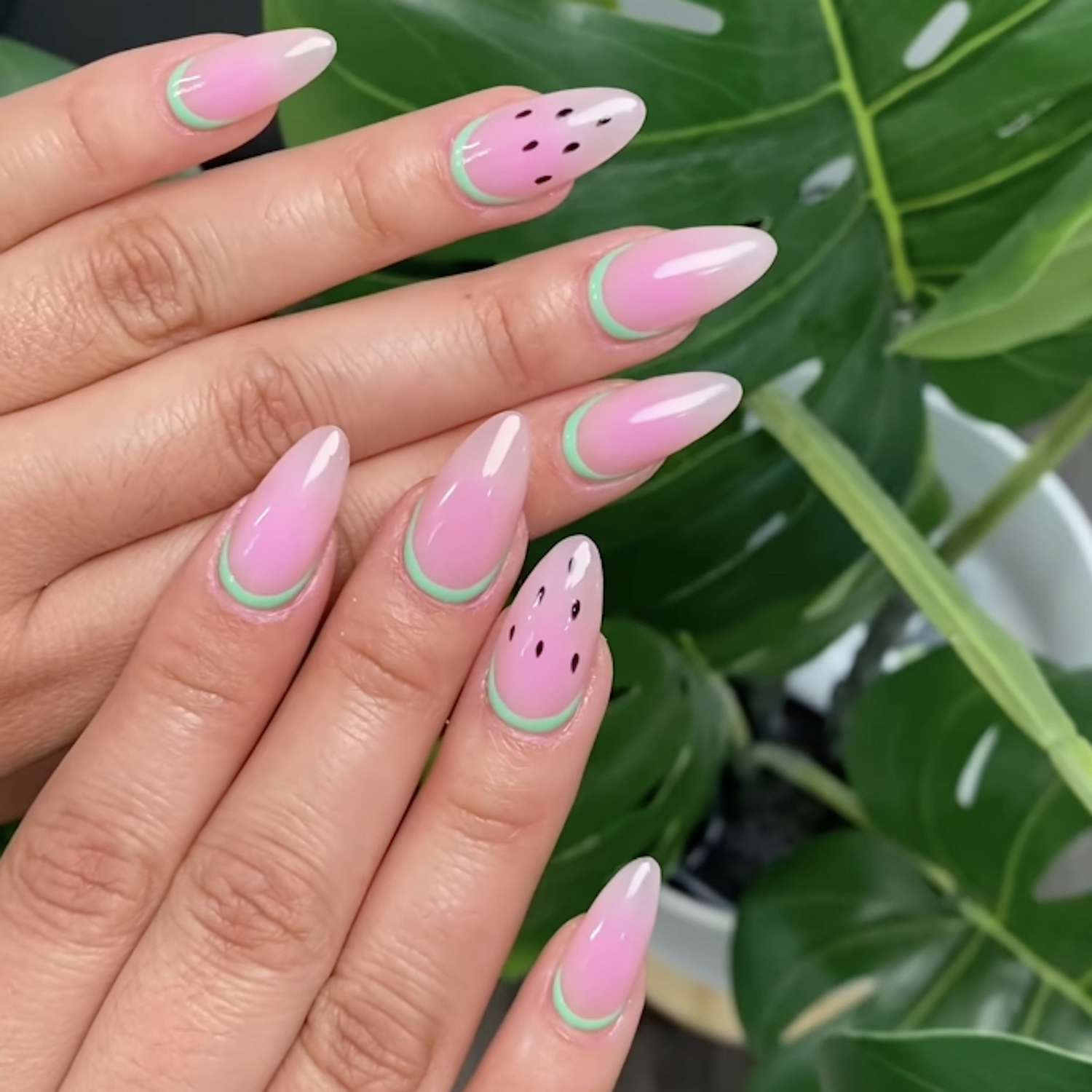 Sheer Pink with Green French and Watermelon — Girls Trip Nails