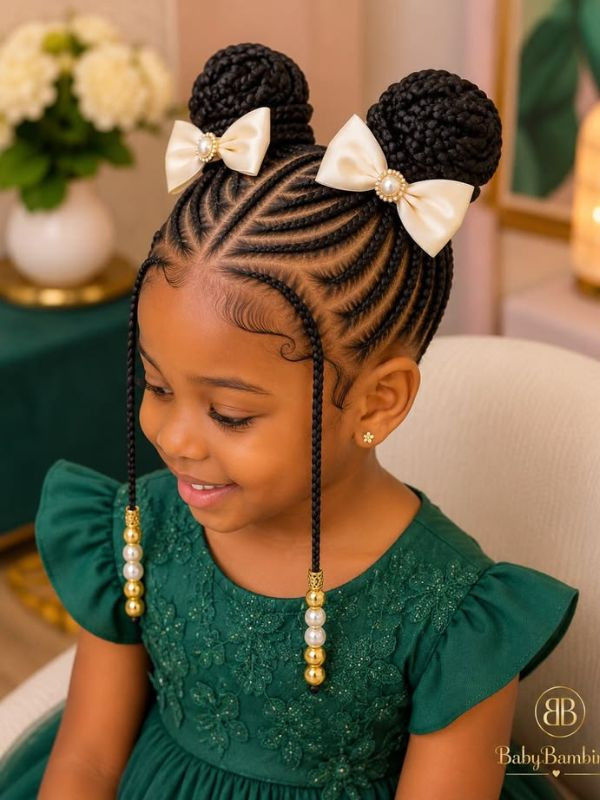Mid-Back Braids in Space Buns With Pearl Embellishments Mid-Back Braids in Space Buns With Pearl Embellishments — Kids Knotless Braids