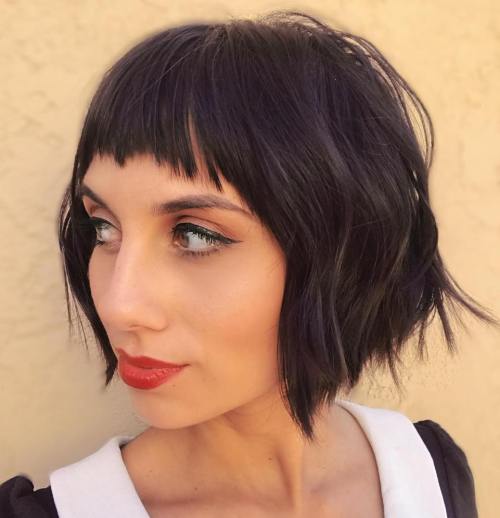 Edgy Black Bob with Micro Bangs and Gold Necklace — Short Bangs