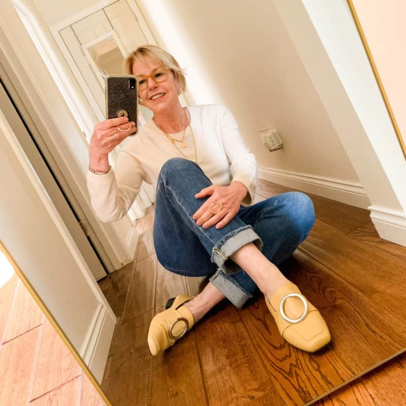 Bold Statement: Yellow Loafers with Cuffed Jeans and a Cream Top — Loafers with Jeans Outfits