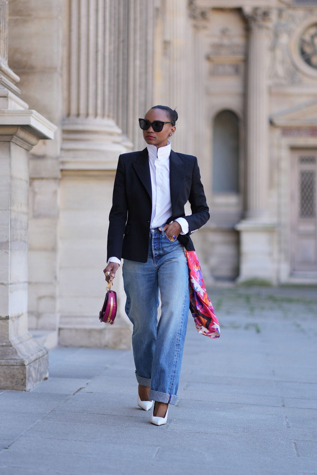 Straight-Leg Jeans, White Shirt, and Black Blazer with Colorful Scarf — Heels with Jeans Outfits