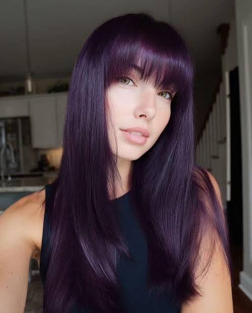 Dark Purple Straight Cut with Face-Framing Bangs — Dark Purple Hair