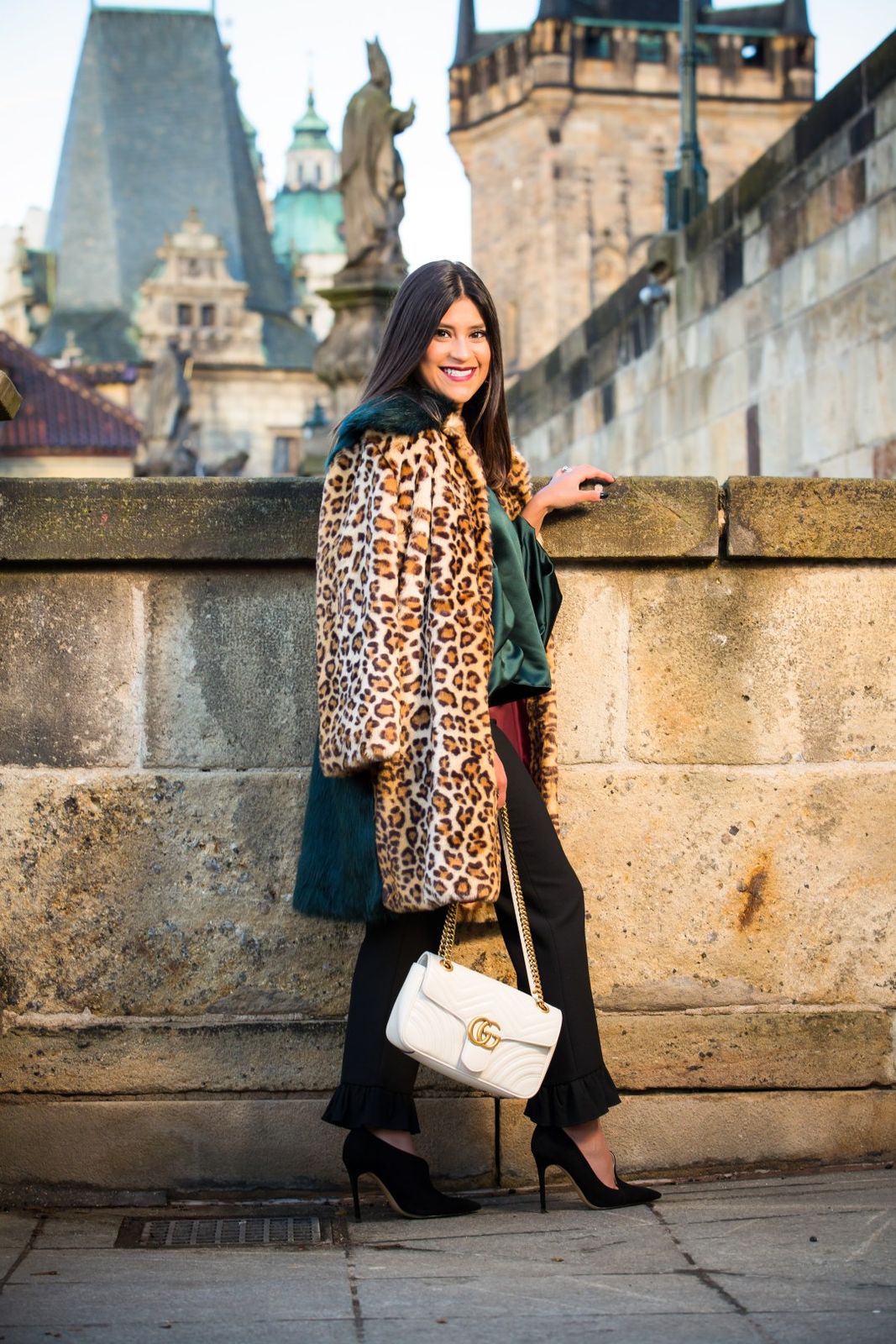 Leopard Print Coat with Satin Top and Ruffled Trousers — Prague Outfits