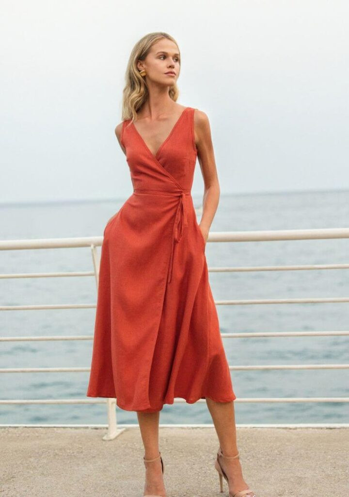 Effortless Elegance: Burnt Orange Wrap Dress — Outfits for Rectangle Shape
