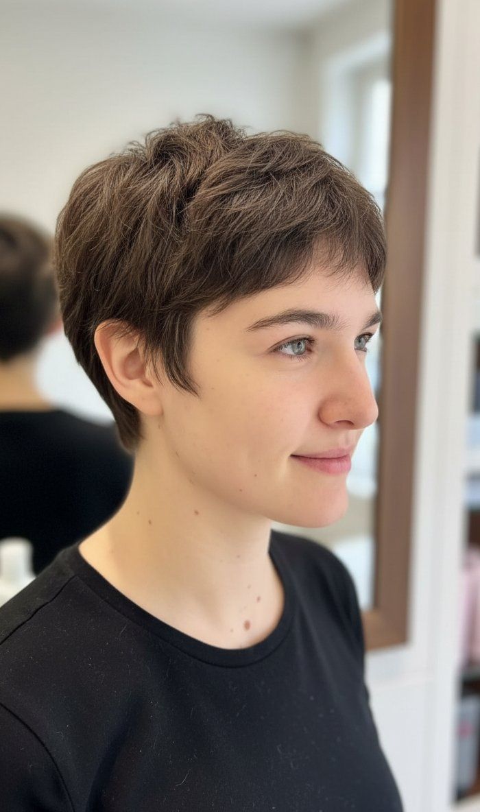 Soft Brown Pixie with Side Fringe Soft Brown Pixie with Side Fringe — Wash and Go Haircuts