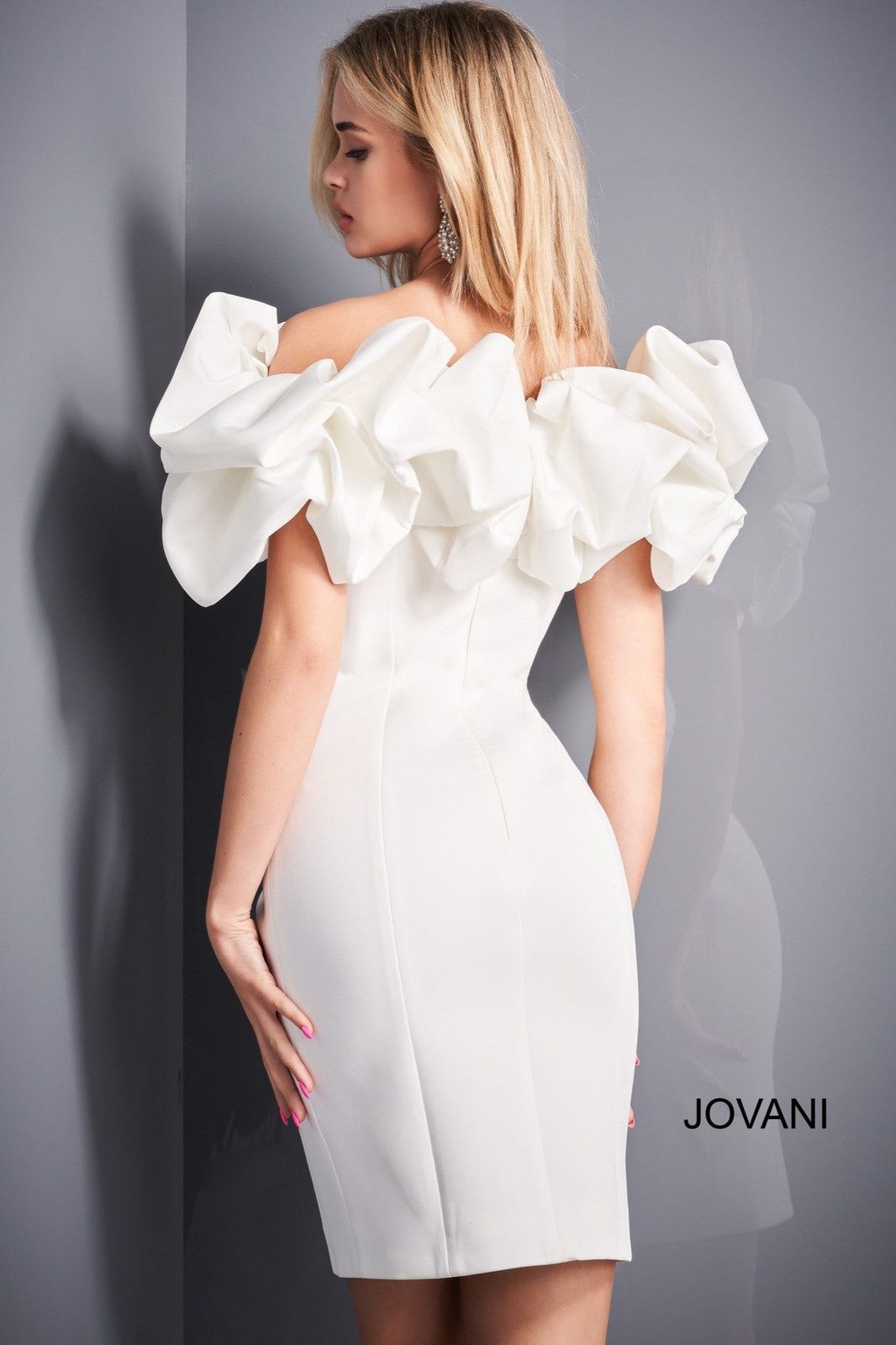 White Fitted Sheath Cocktail Dress with Oversized Off-the-Shoulder Ruffles White Fitted Sheath Cocktail Dress with Oversized Off-the-Shoulder Ruffles — Ruffle Dresses