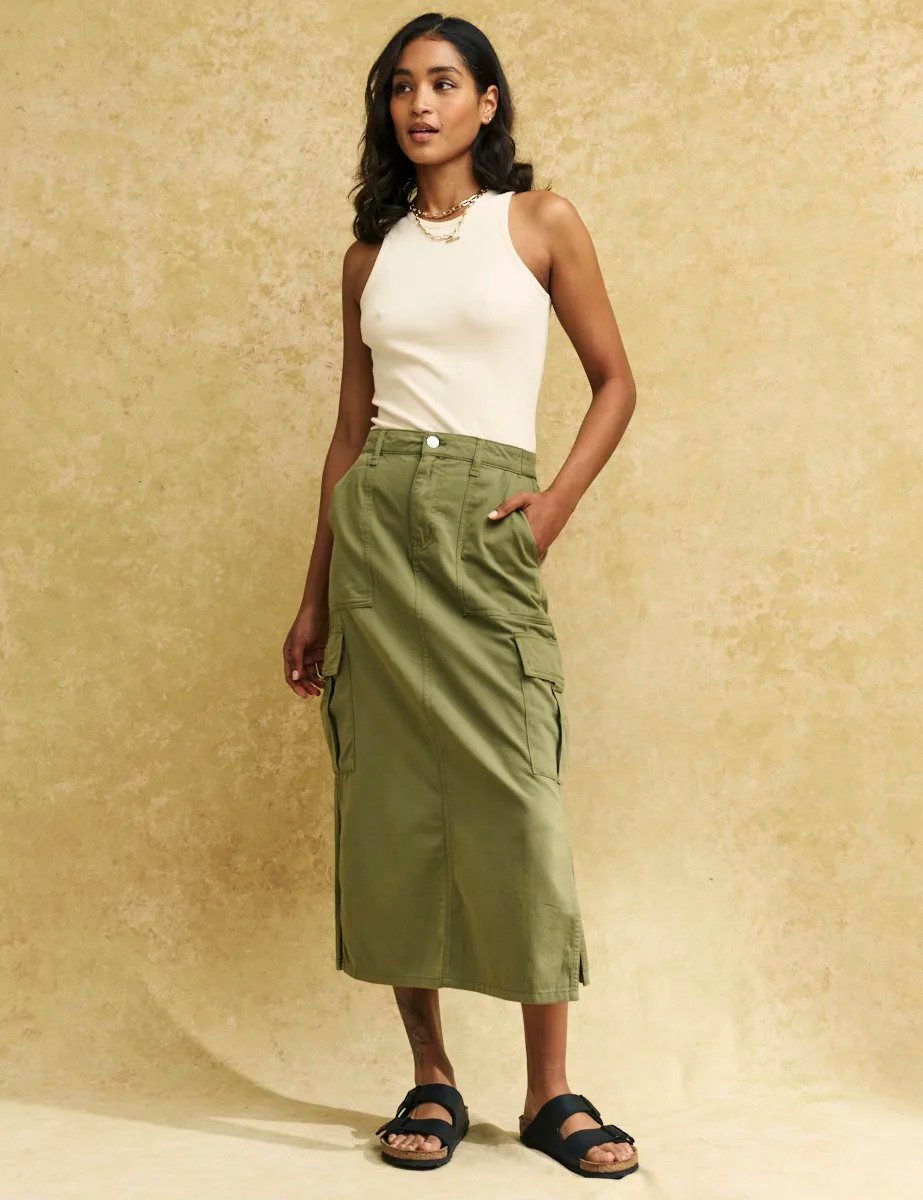Utilitarian Olive Cargo Skirt with White Top — Cargo Skirts