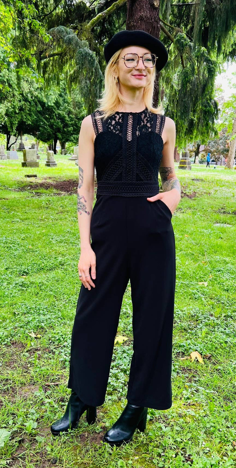 Lace-Bodice Jumpsuit with Wide Legs and Beret for Chic Corporate Goth — Corporate Goth Outfits