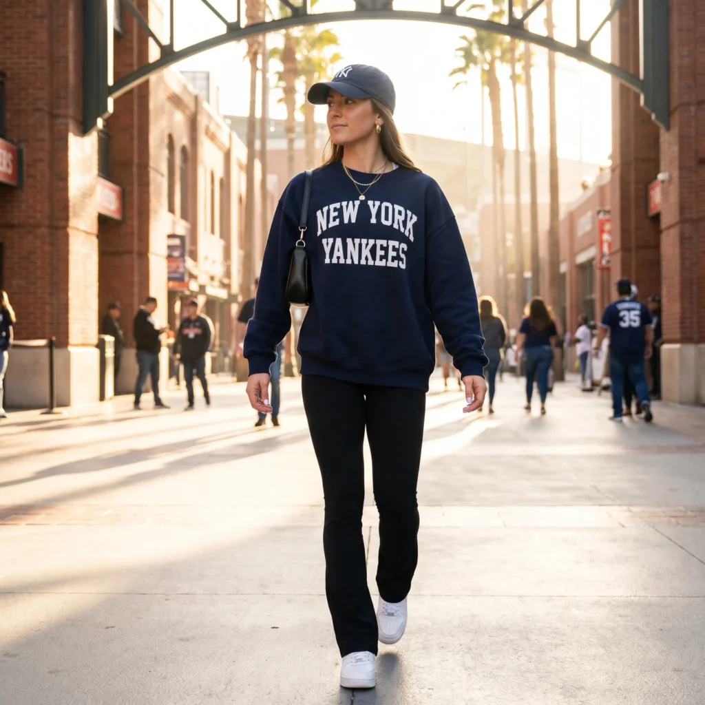 New York Yankees Sweatshirt with Flare Trousers — Baseball Game Outfits