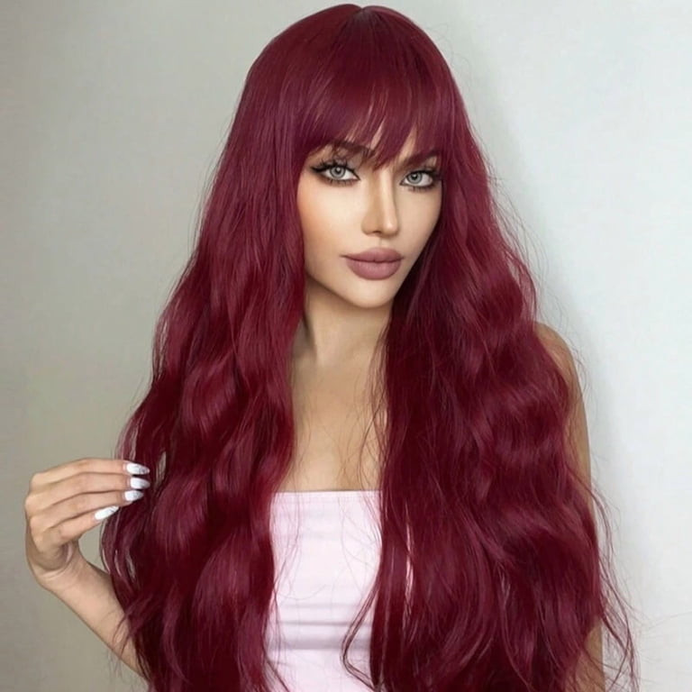 Rose Red Mid-Back Loose Waves With Full Bangs — Colored Wig Styles