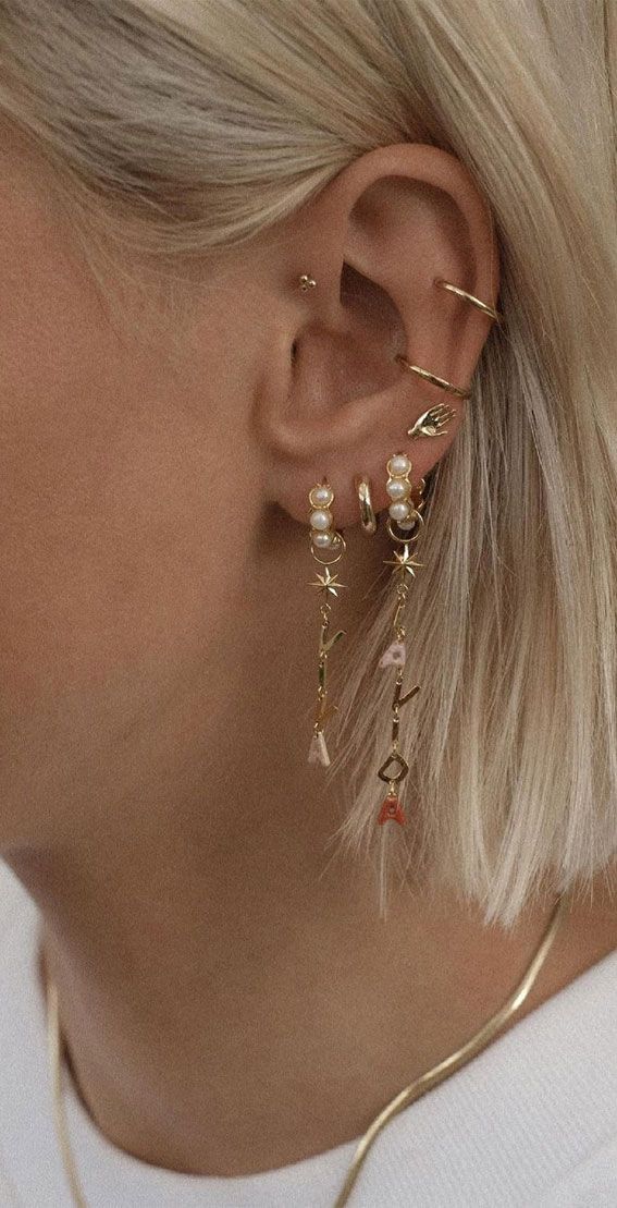 Layered Gold Hoops with Pearl and Letter Charms Layered Gold Hoops with Pearl and Letter Charms — Ear Piercing Ideas