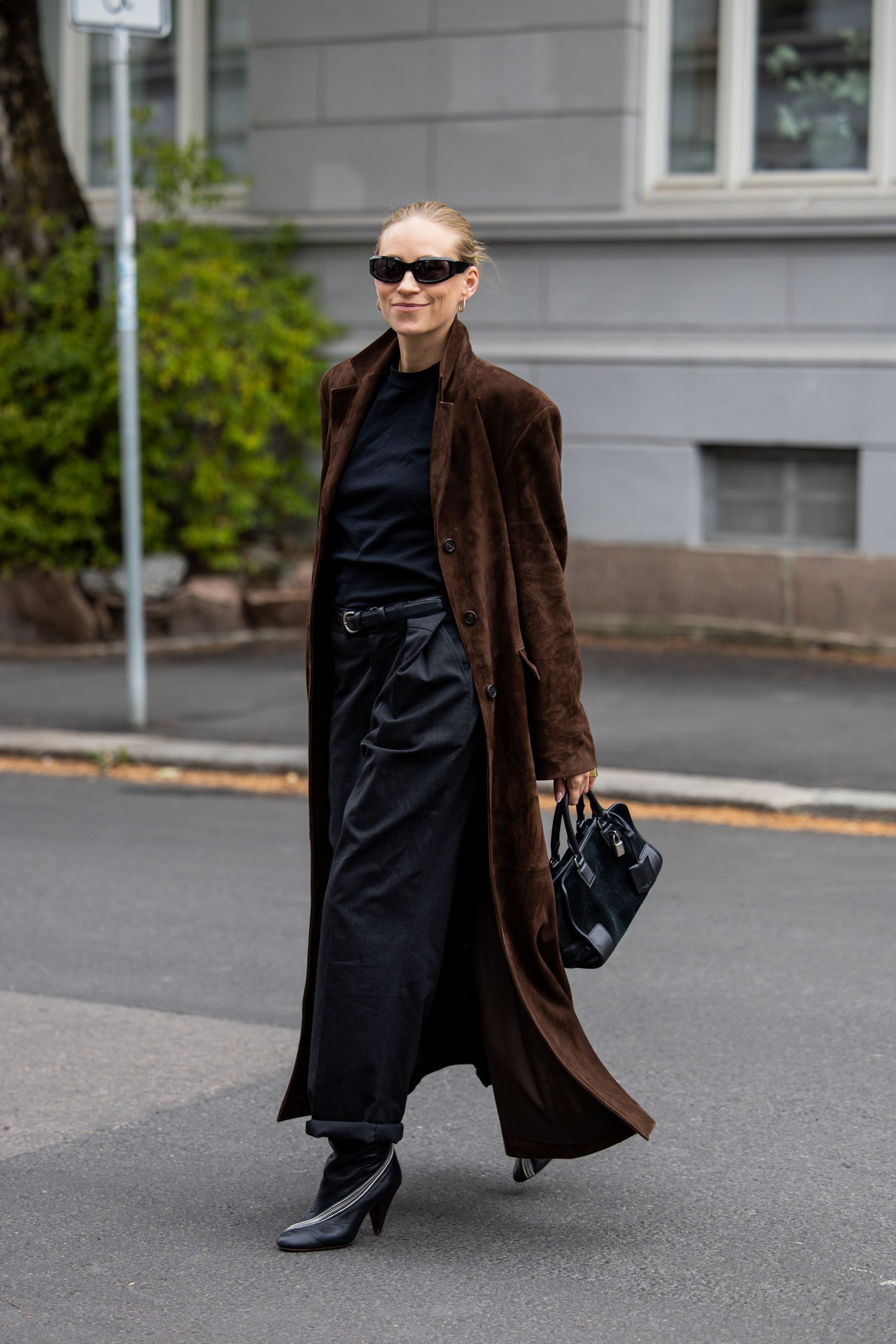 Chic Brown Suede Coat with Grey Trousers for Fall Street Style — Brown Outfits