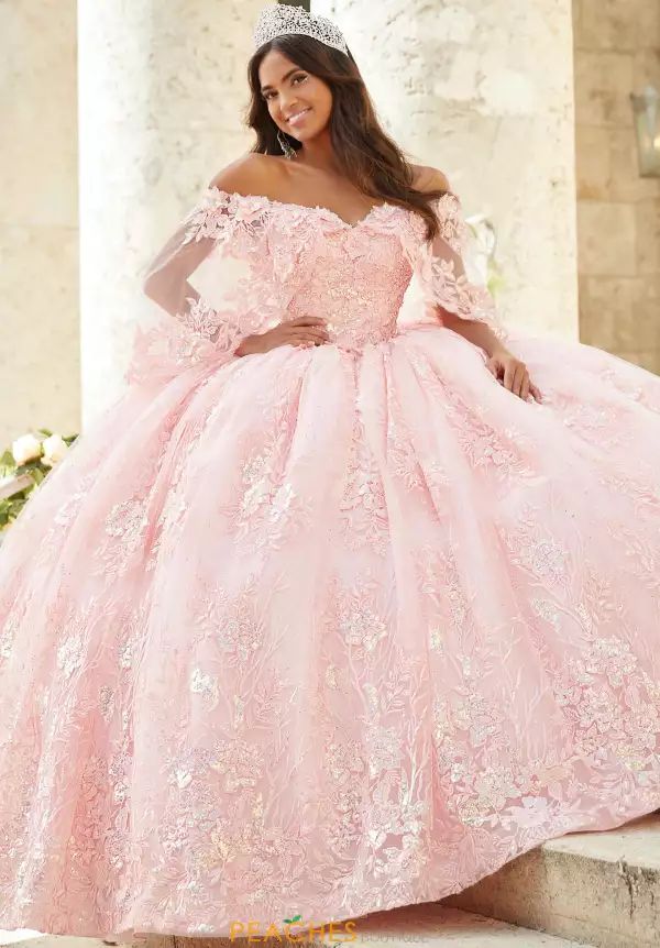Blush Pink Ball Gown with Floral Appliqués and Lace Sleeves — Sweet 16 Dresses