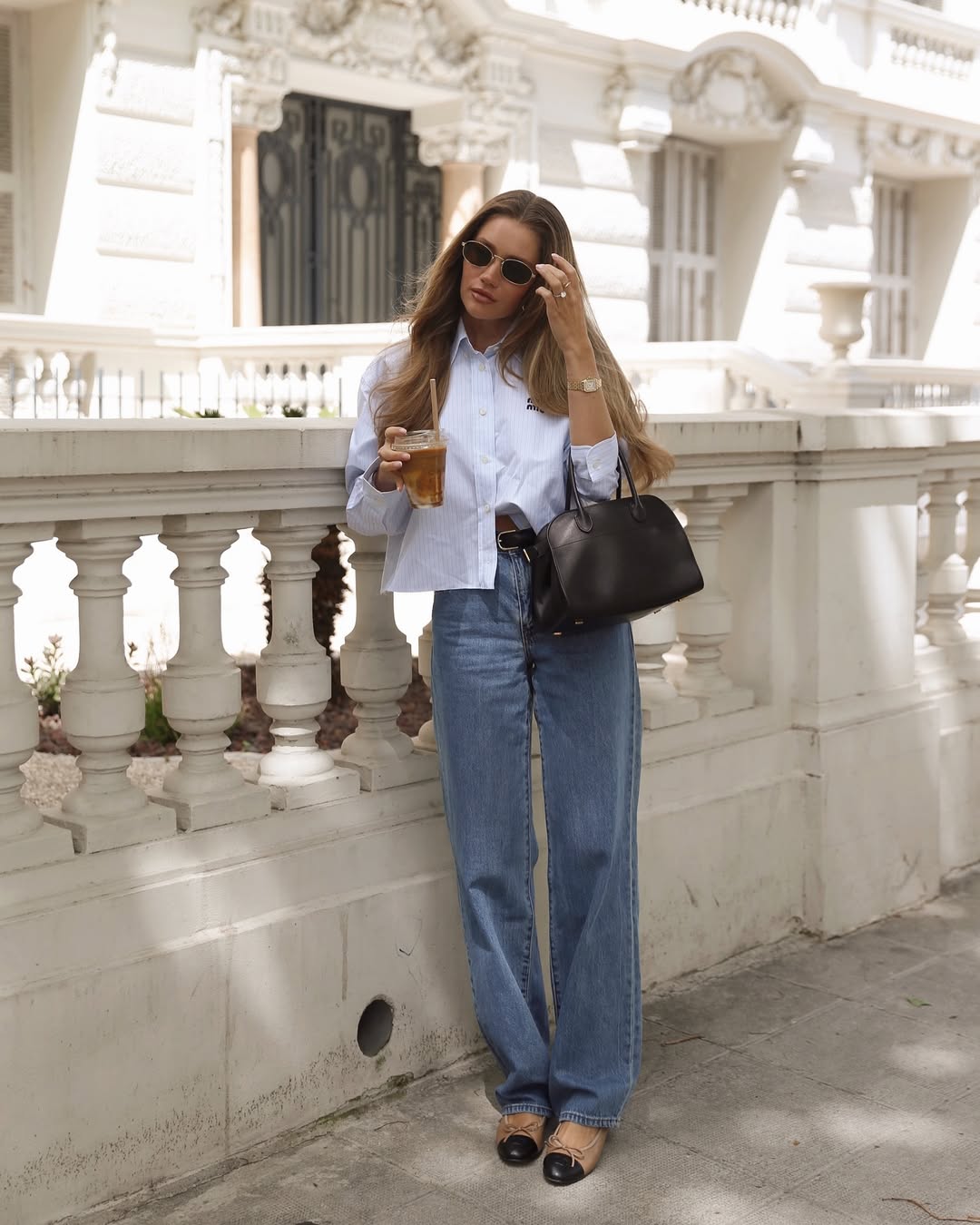 Classic Ensemble: Striped Shirt and Ballet Flats with Medium Wash Wide Leg Jeans — Wide Leg Jeans Outfits