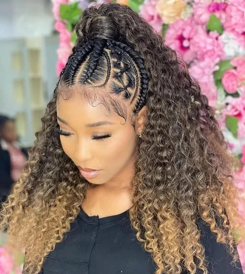 Intricate Front Cornrows With Curly Blonde Highlights Intricate Front Cornrows With Curly Blonde Highlights — Cornrow Ponytail