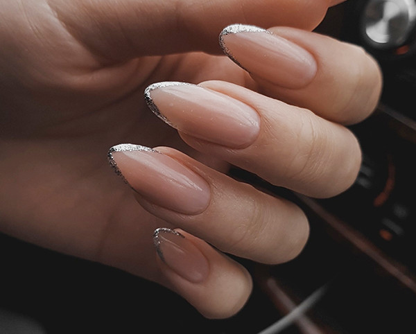 Silver Glitter Edge Almond Overlay Nails Silver Glitter Edge Almond Overlay Nails