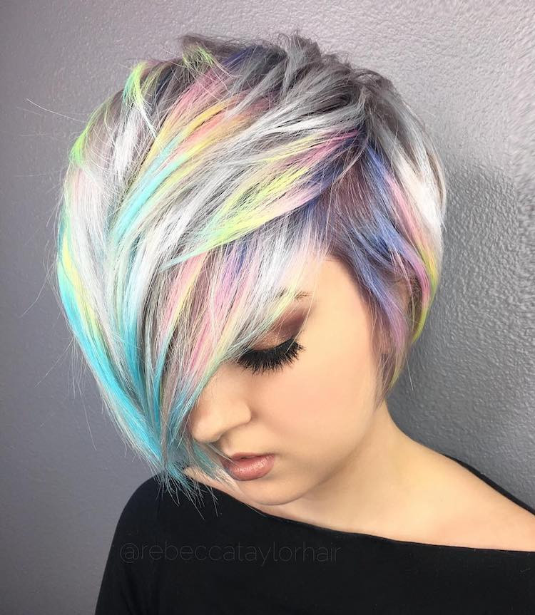 Short Silver Pixie With Pastel Rainbow — Holographic Hair