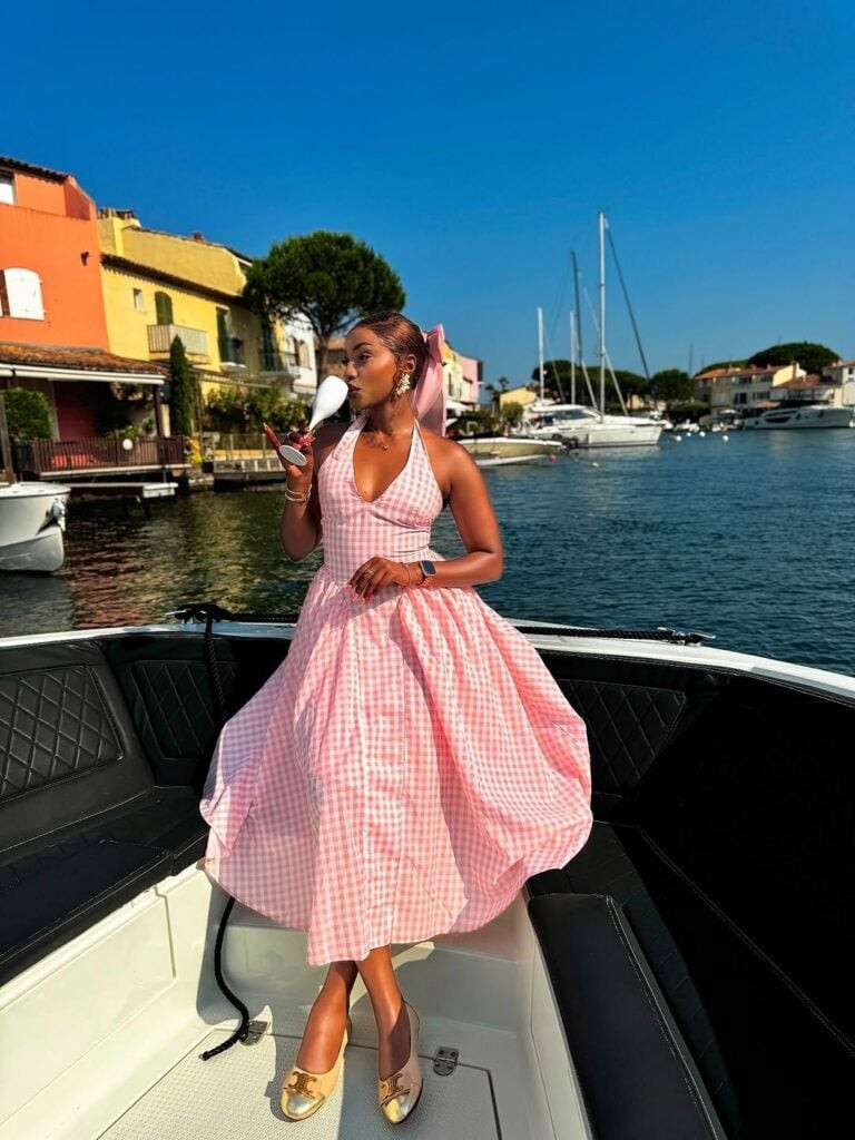 Playful Pink Gingham Midi Dress with Bow Detail — Cruise Dinner Outfits