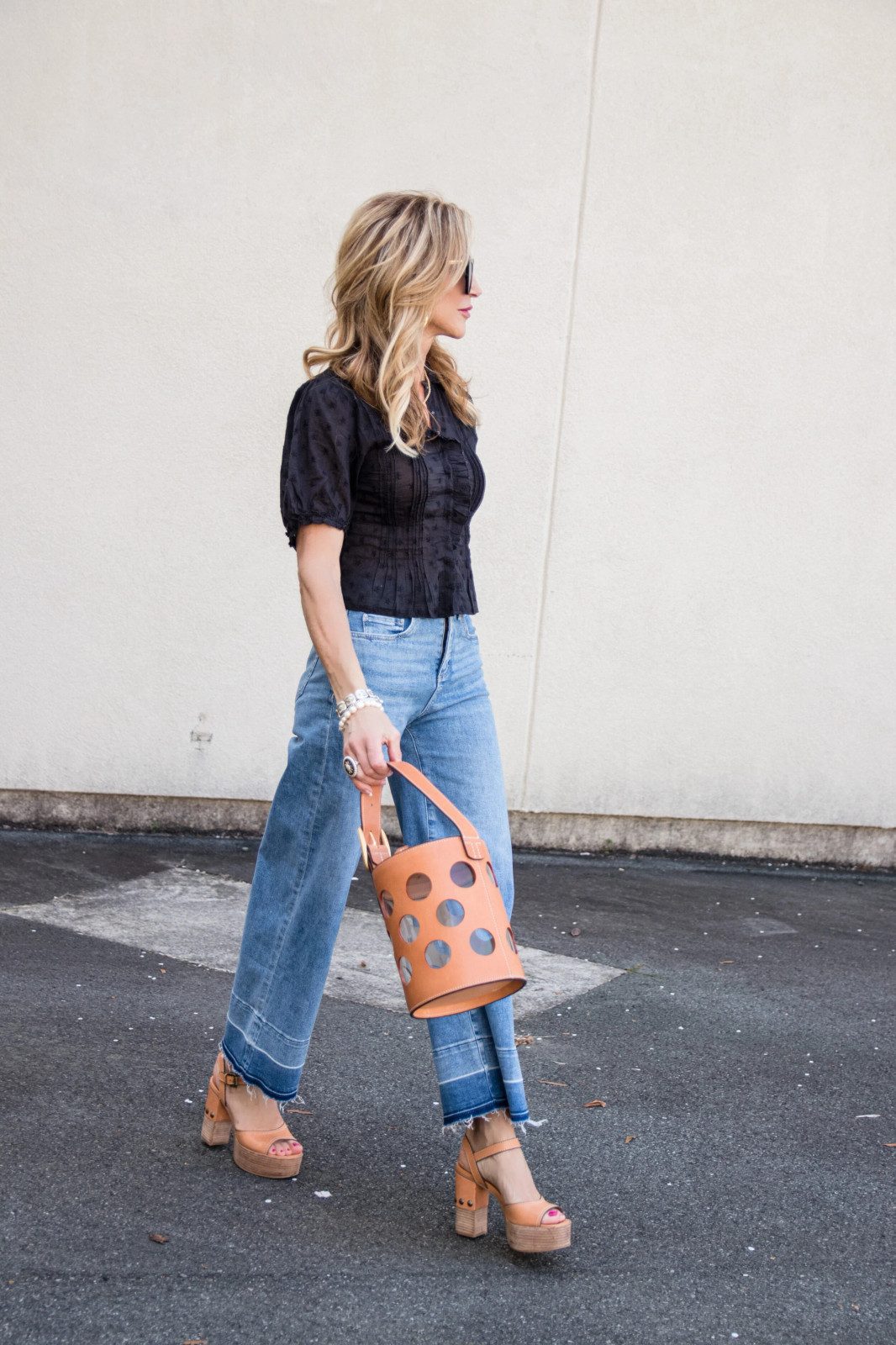 Wide-Leg Jeans with Sheer Puff-Sleeve Top and Platforms — High Waisted Jeans