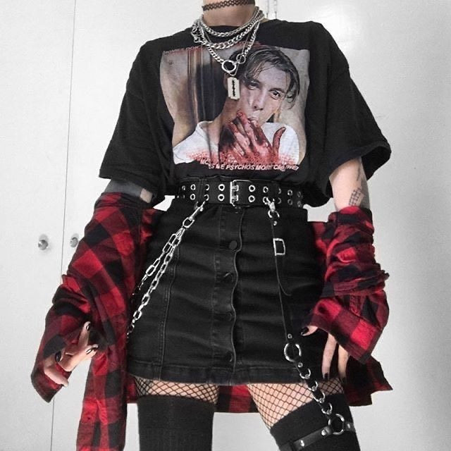 Layered Graphics and Plaid Shirt: Grunge E-Girl Fusion — E-Girl Outfits