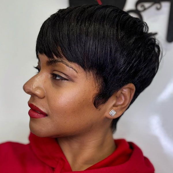 Thick Black Pixie With Blunt Fringe Thick Black Pixie With Blunt Fringe — Very Short Pixie Cuts