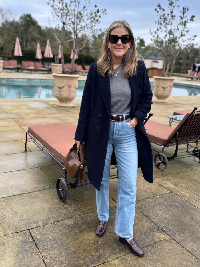Burgundy Loafers with Flared Jeans and a Navy Wool Coat — Loafer Outfits