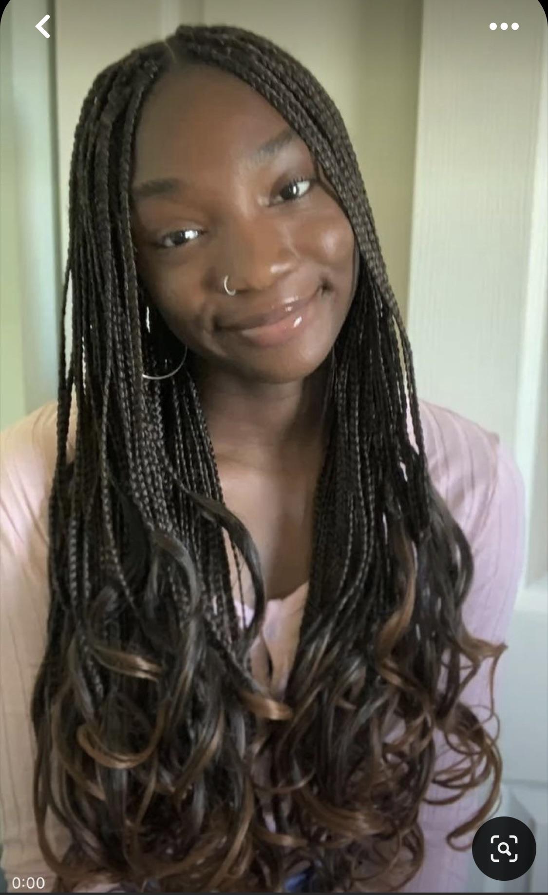Long Dark Brown Box Braids with Caramel Waves Long Dark Brown Box Braids with Caramel Waves — French Curl Braids