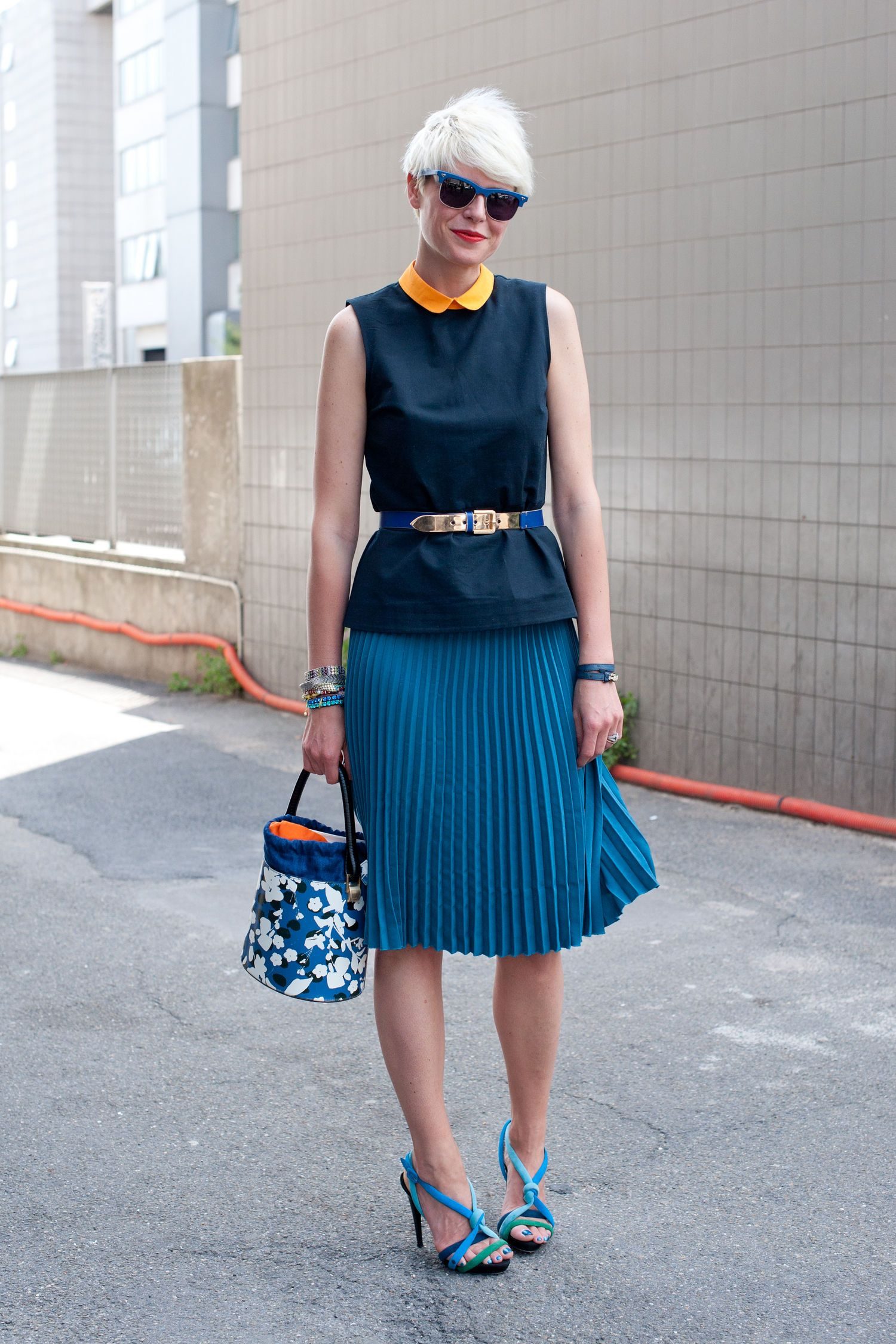 Vibrant Blue Pleated Skirt with Contrasting Collar Top — Pleated Skirt Outfits